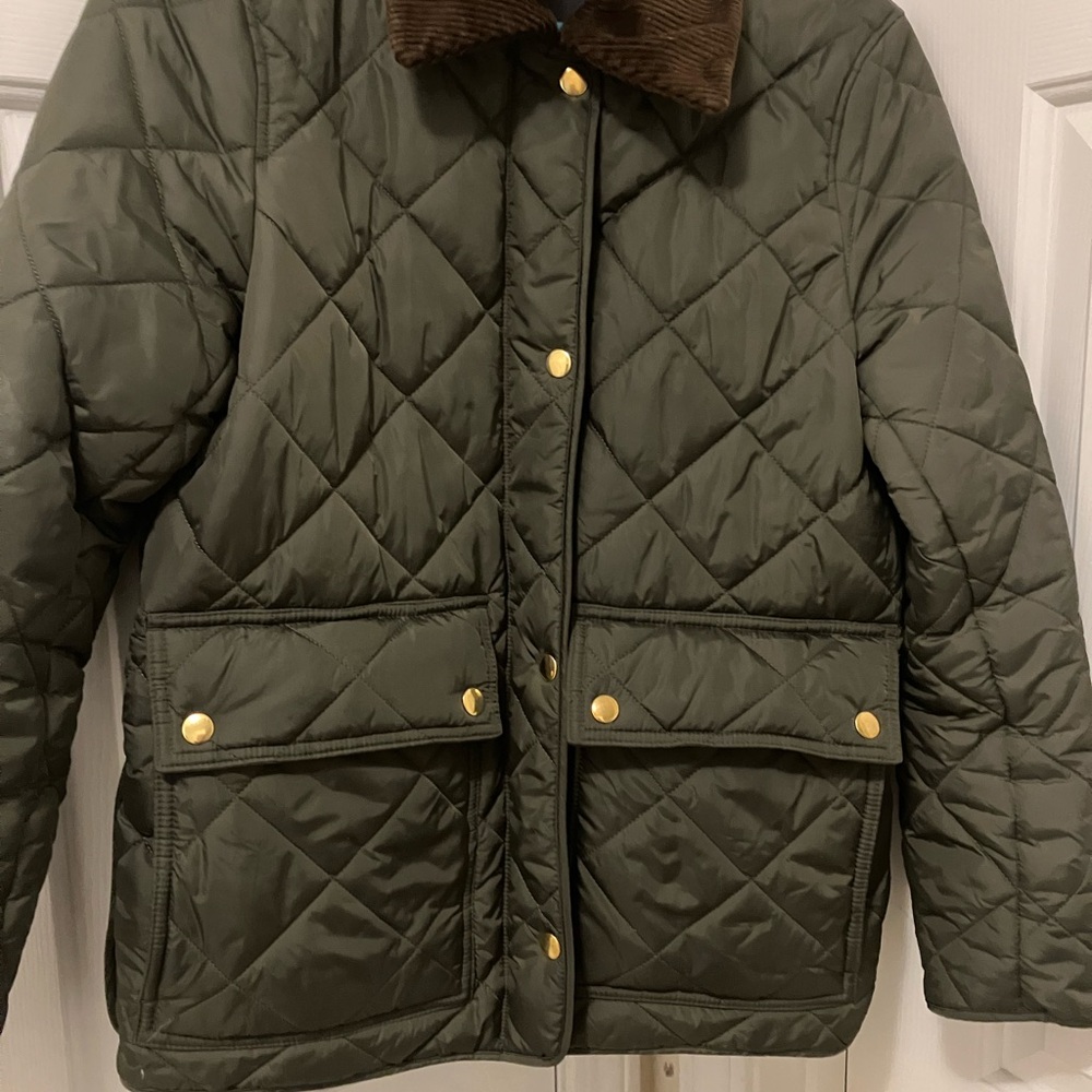 Aqua Quilted Barn Jacket with Brown Corduroy Collar XS